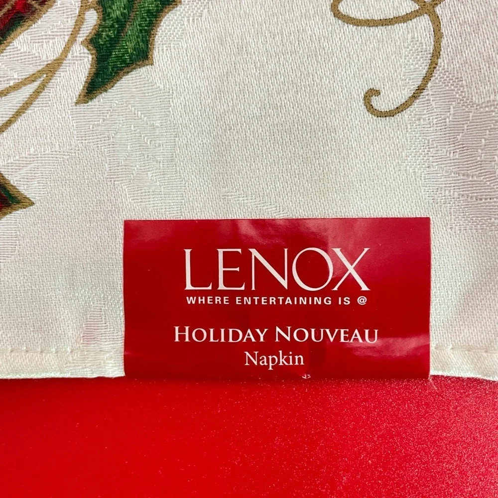 Lenox Holiday Nouveau Dinner Napkins Cream 20 x 20 Plaid Ribbon Holly Set of 11